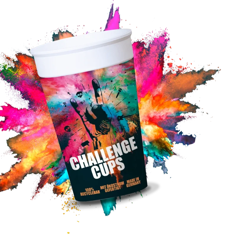 Der Öko Mehrwegbecher Challenge Cup vor buntem Hintergrund