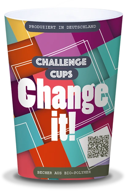 Beispiel für einen Challenge Cup mit Aufschrift Change it und bunt kariertem Hintergrund