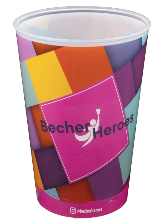 Vollflächig bedruckter Mehrwegbecher von Becher Heroes