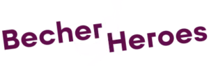 Logo der Becher Heroes mit skizziertem Helden mit Becher