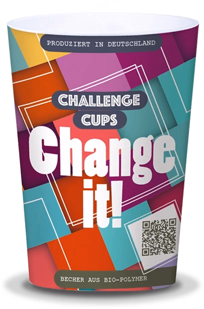 Beispiel für einen Challenge Cup mit Aufschrift Change it und bunt kariertem Hintergrund