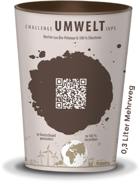 Beispiel für einen Mehrwegbecher mit 0,3 l in braun beigem Challenge Cups Design